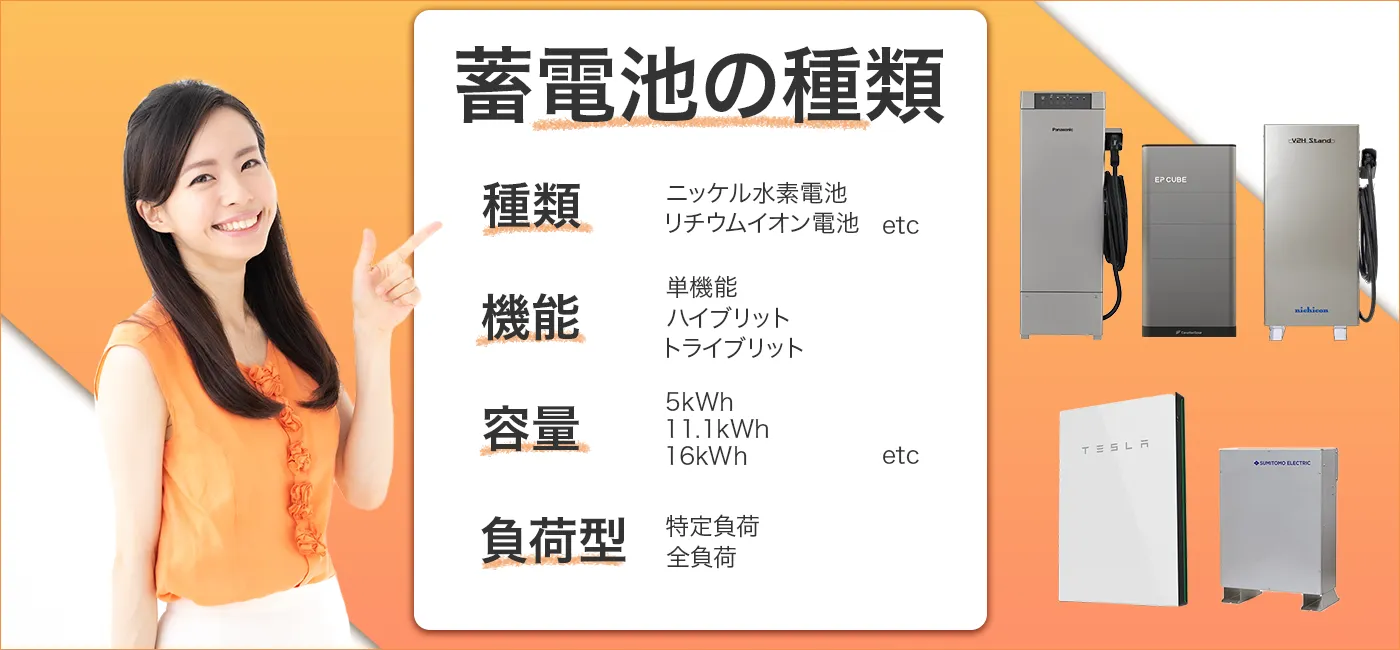 家庭用蓄電池はどんな種類があるのか、種類、充電方式、負荷帯、容量などを詳しく解説しました